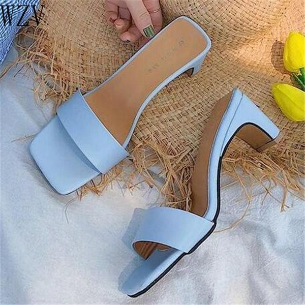 

2021 new summer women sandals square toe ladies heel mules candy color chunky heels sandals slippers female fashion woman shoes, Black