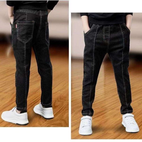 

2021d boy's pants children's jeans boy's pants single pants plush autumn winter 2020 korean version high elastic slim feet, Blue