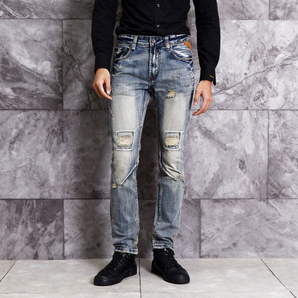 

2021 new italian style fashion retro washed ripped men spliced designer denim pants slim fit hip hop jeans 5x11, Blue