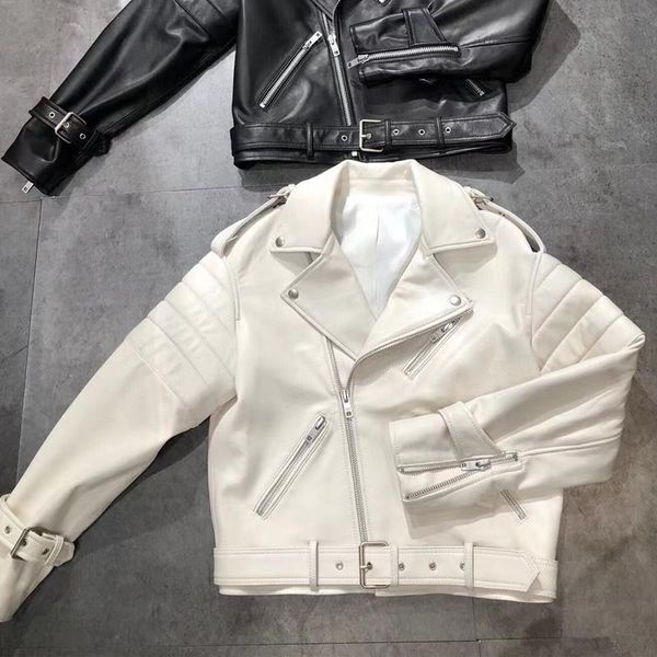 

women's leather & faux genuine moto&biker jacket autumn lambskin coat, Black