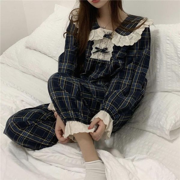 

pijama plaid korean pajamas womens sleepwears autumn set lace chic loungewear sweet long short sleeve pyjamas suit, Black;red