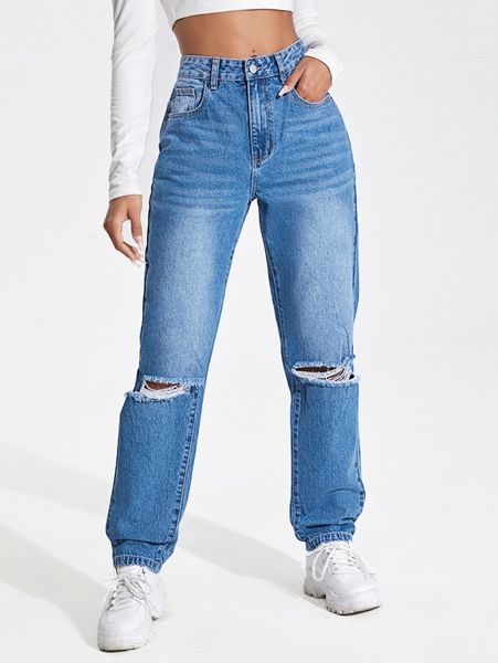 

high waisted slant pocket ripped jeans j6yn#, Blue