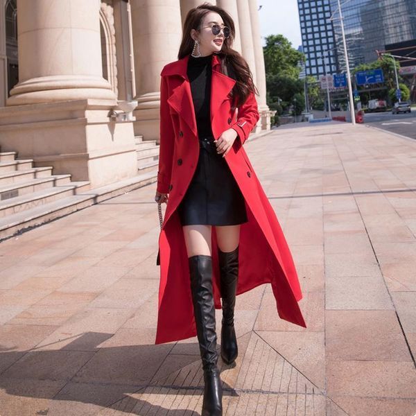 

women's trench coats england style loose oversized x-long coat double-breasted belted lady thick windbreaker autumn winter outerwear, Tan;black