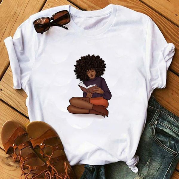 

cool melanin black girl t shirt women sweet girl kawaii cartoon printed tshirt casual female cotton t-shirt, White