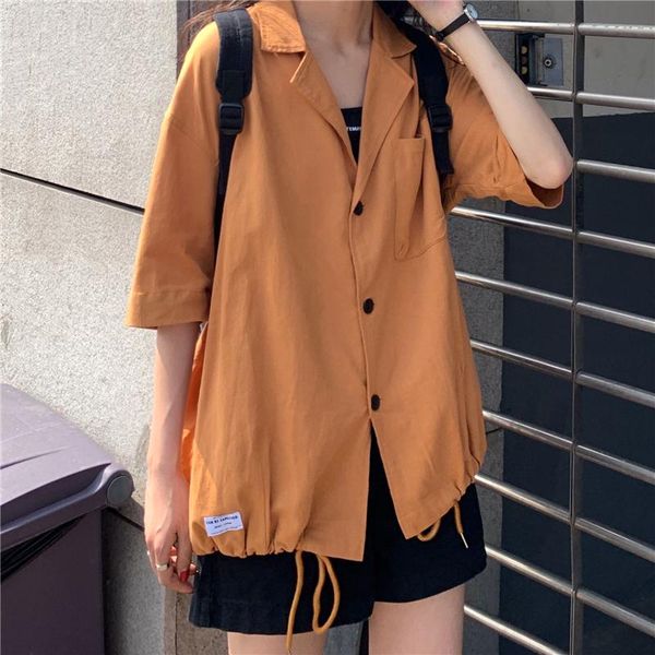 

women's blouses & shirts [ewq] 2021 summer minimalist short sleeve hem drawstring design ladies orange shirt coats korea plus size blou, White
