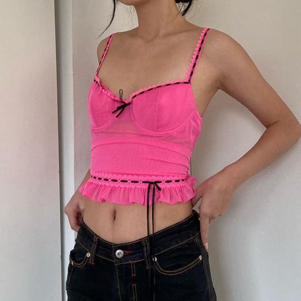 

aesthetics mesh crop for women streetwear 90s outfits ruffles hem tank summer fashion pink cute girls, White