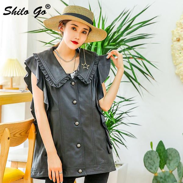 

women's vests sweet neck jacket women autumn casual ruffles detail sleeveless sheepskin genuine leather solid lady button outwear, Black;white