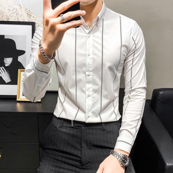 

spring mode new business striped shirts for men's clothes 2021 simple sleeve long fine casual blouse black/white 3xl y5jk, White;black