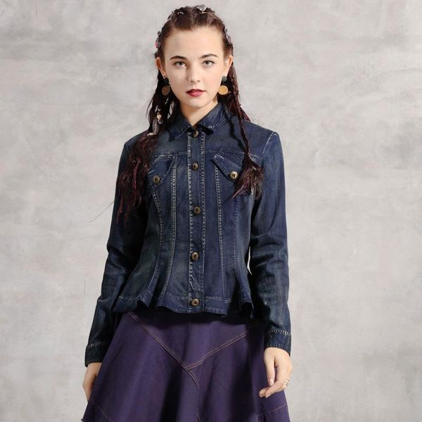 

women's jackets johnature vintage denim coat women clothes 2021 autumn turn-down collar asymmetric length single breasted jacket, Black;brown