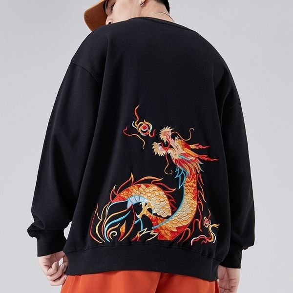 

new dragon embroidery men's autumn trend loose large size tide brand cotton round neck pullover bottoming shirt fashion 201113, Black