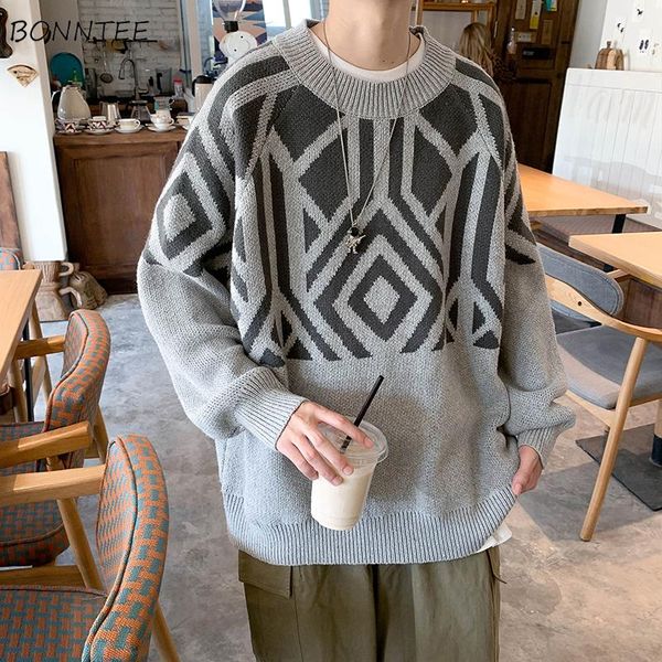 

men pullovers long sleeve o-neck argyle print casual autumn winter outwear vintage loose knitted sweater korean style chic retro, White;black