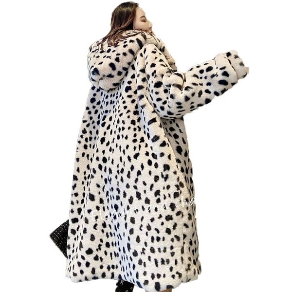 

korean imitation fur leopard print coat one women winter jacket fashion hooded warm parkas 211220, Black
