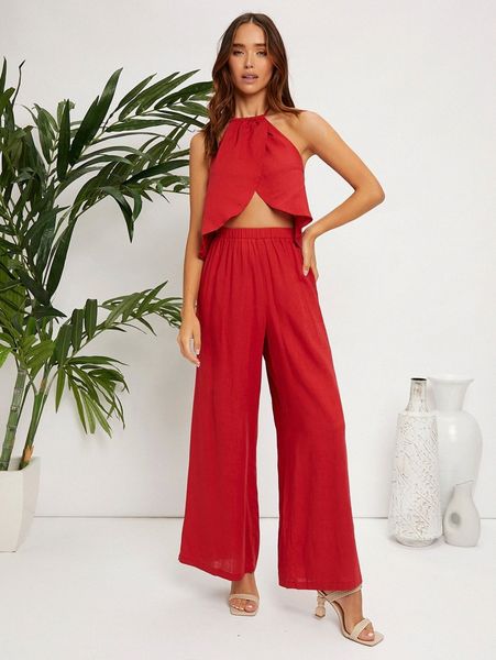 

halter neck wrap backless asymmetrical hem crop & wide leg pants set m5dz#, White