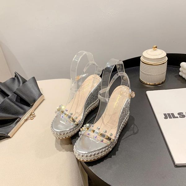 

slippers rivet med flat shoes female heels glitter slides slipers women on a wedge platform fashion high jelly 2021 soft summer, Black