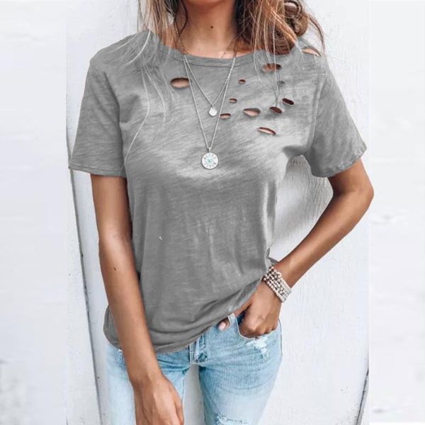 

women's blouses & shirts 40# hole short sleeve blouse round neck solid color pullover casual streetwear t-shirt, White