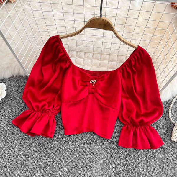 

sweet shirt woman ins fashion spring summer solid bow tie square collar fold design versatile female short top, White