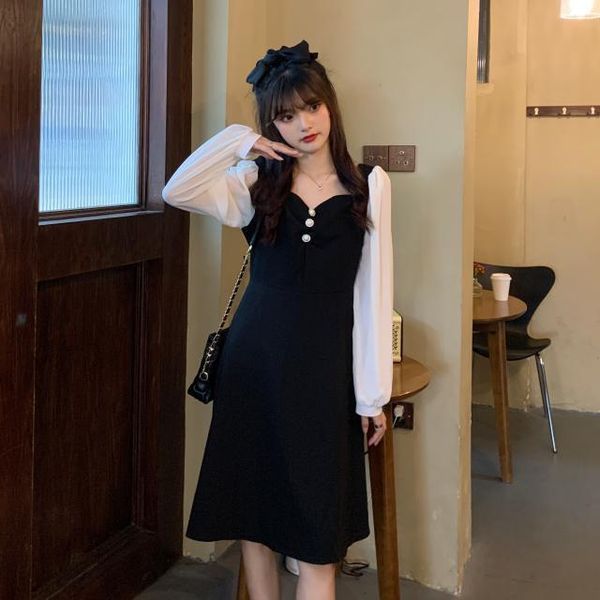 

casual dresses women 2021 autumn fashion mid-long patchwork dress female v-neck loose long sleeve vestidos ladies button a-line d748, Black;gray