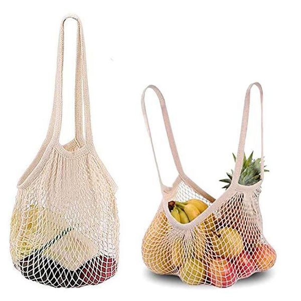 

storage bags vegetable fruit shopping bag solid-color crochet woven reusable with long handle strap mesh pack for women men kids