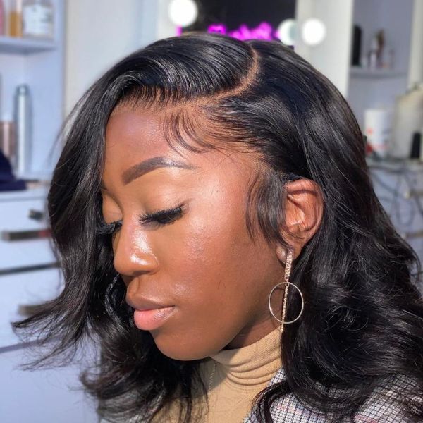 

lace wigs [hebery] human hair messy ocean wave bob 360 for black women bleached knots pre plucked, Black;brown