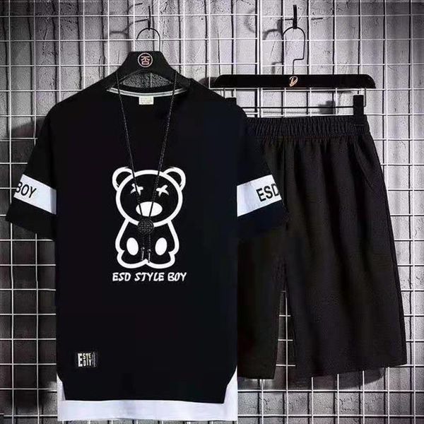 

casual fashion summer short men tracksuits sleeved suit, round neck t shirt shorts two piece suit set clothes, Gray