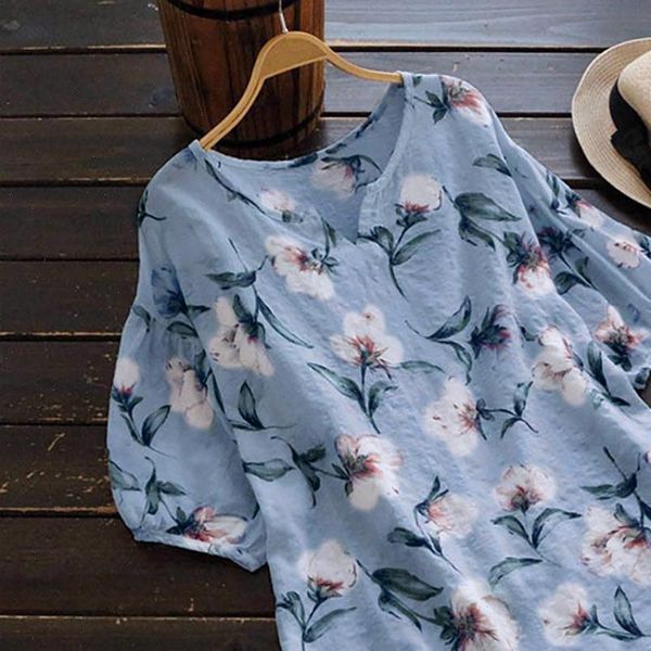 

women floral print shirt v neck half sleeve linen vintage boho loose shirt women clothing summer camisas mujer yj, White