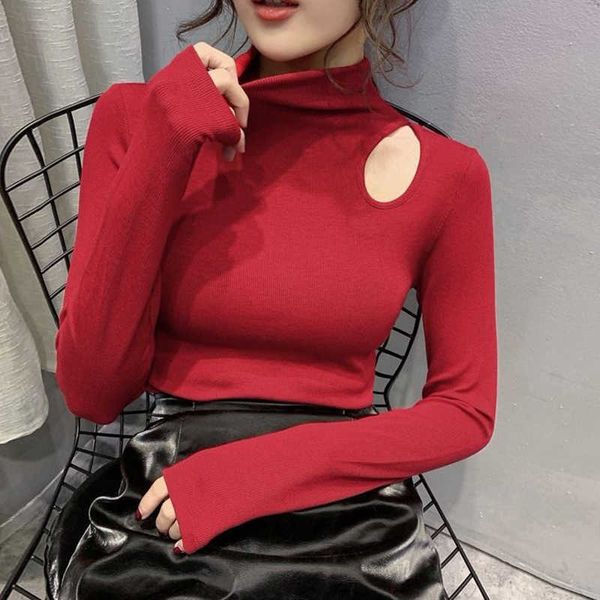 Collarbone Aberto Sexy Manga Longa Knit Camiseta Mulheres Casual Turtleneck Vermelho Skinny Oco Out Tees Básicos Outono Bottom Senhoras Tops 210526