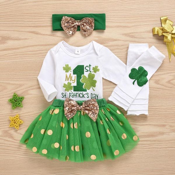 

clothing sets 4pcs st.patrick's day born baby girls clothes letter romper+bow+mesh dress +leg outfits infant, White