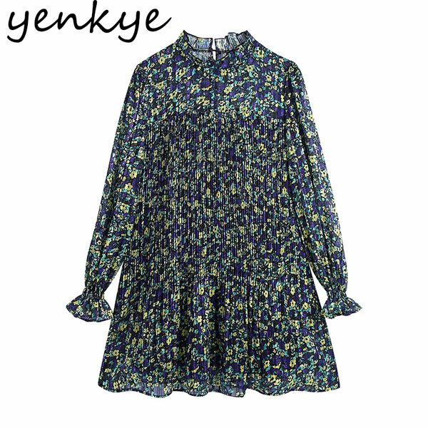 

2021 new vintage green floral print women stand collar long sleeve pleated casual lady summer short vestido plus size cu4m, Black;gray