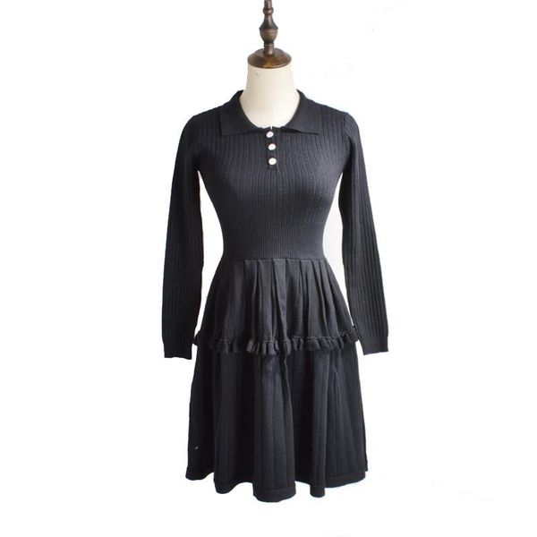 

casual dresses vsue black white long sleeve turn down collar mini short a line dress knitted solid ruffle d1706, Black;gray
