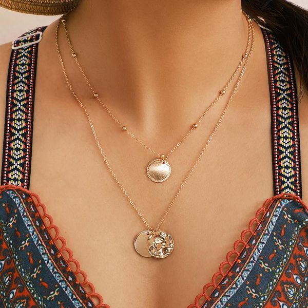 

chains bohemian 2 layers charms pendant necklace for women chockers jewelry wholesale collarcharms geometry round chain 2021, Silver