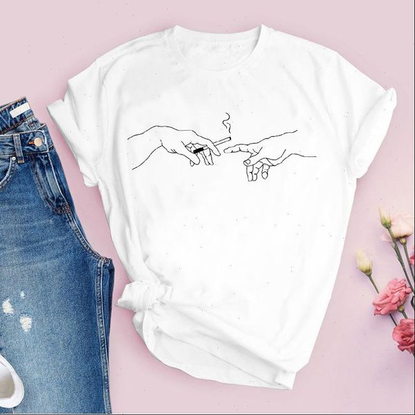 

women graphic aesthetic hand printing fashion 90s short sleeve print lady tees clothing female t shirt womens t shirt, White