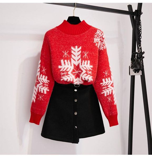 

two piece dress christmas year 2021 autumn winter women long sleeves sweater + thick skirts 2 pcs sets female casual suits outfit a2040, White