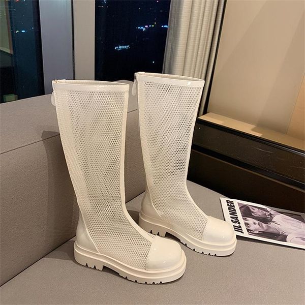 

boots summer women 2021 mesh fashion sandals thick-soled hollow casual all-match breathable mid-heel knight, Black