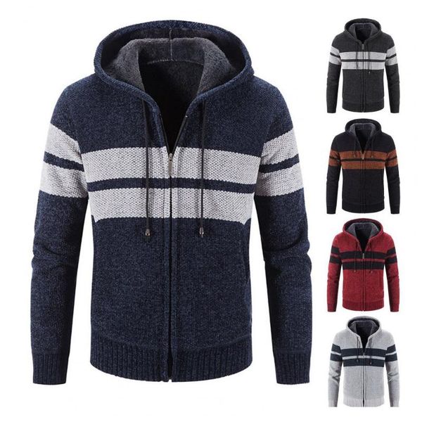 

men's sweaters coat zipper closure long sleeve striped hooded sweater autumn winter patchwork pockets warm knitwear, White;black
