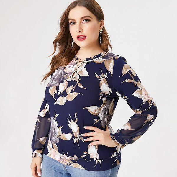 

2021 fall women long sleeve chiffon printed blouse fashion ladies retro elegant mom clothes plus size womens, White