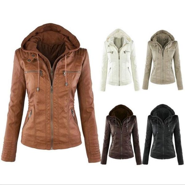 

women's jackets zogaa stylish lady faux leather long sleeve solid color zipper removable hooded jacket outwear, Black;brown
