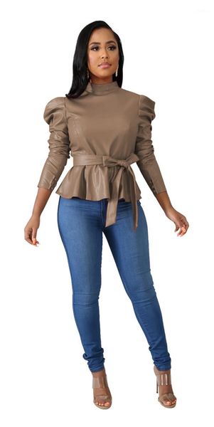 

women's blouses & shirts 2021 high collar long sleeve fashion casual shirt solid pu leather with belt 3d commuter multicolor pullover, White