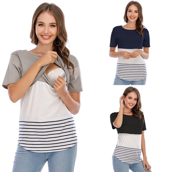 

breastfeeding t-shirt maternity short sleeved color blocking lace nursing clothes stripe 20220303 q2, White
