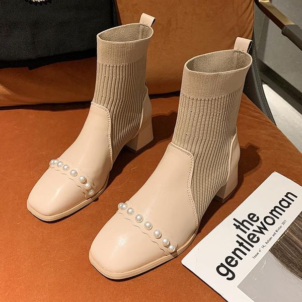 

boots mid heels square toe ankle women's 2022 winter chunky string bead fashion knitting snow shoes warm lady zapatos, Black