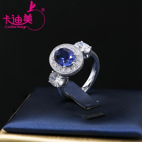 

cluster rings cadermay custom jewelry sparking 7x9 oval sapphire and moissanite ring set in 925 sterling silver, Golden;silver