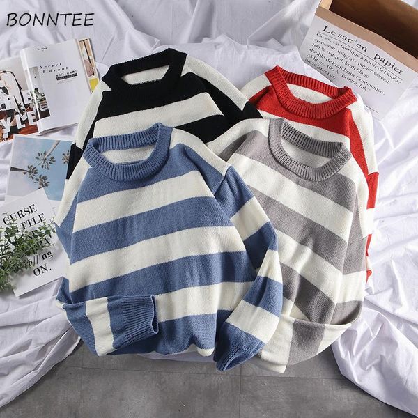 

men's sweaters men pullovers o-neck striped knitting male ulzzang loose harajuku outwear student collage teens pullover jumpers, White;black