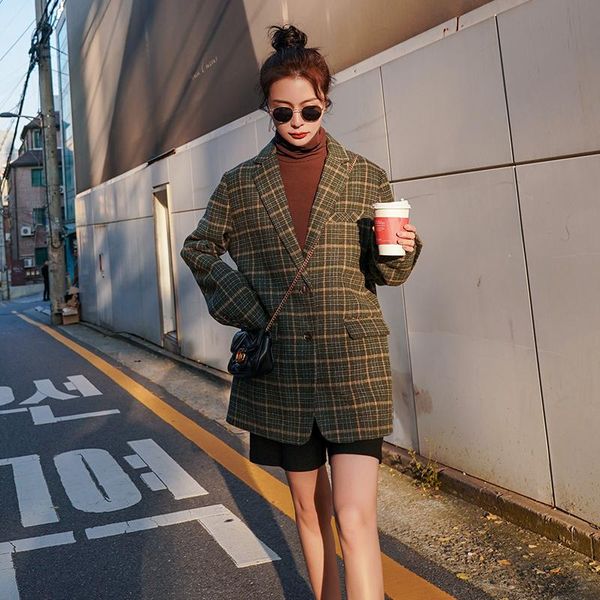 

2021 spring elegant series women blazer coat single-breasted lapel green plaid short jacket office femme korean clothing, White;black