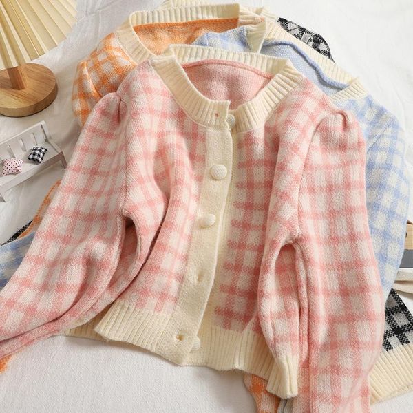 

women's knits & tees vintage contrasting plaid sweater coat students short oneck cardigan 2021 autumn korean knitted soft women, White