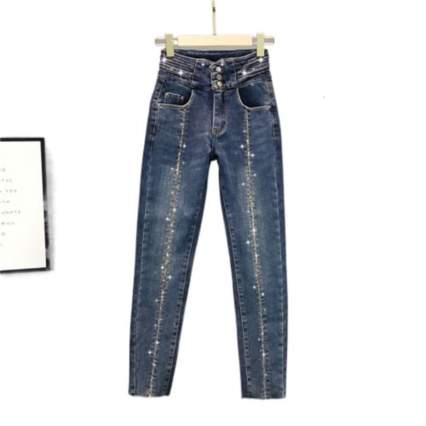 

tailed female 2021 spring new waist high-fitting thin blue stretch dark black jeans k4at, White;black