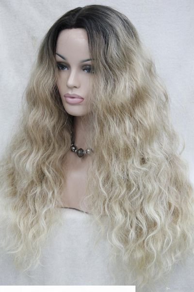 

hivision quality good synthetic black root to blonde ombre lace front wig long wavy wigs