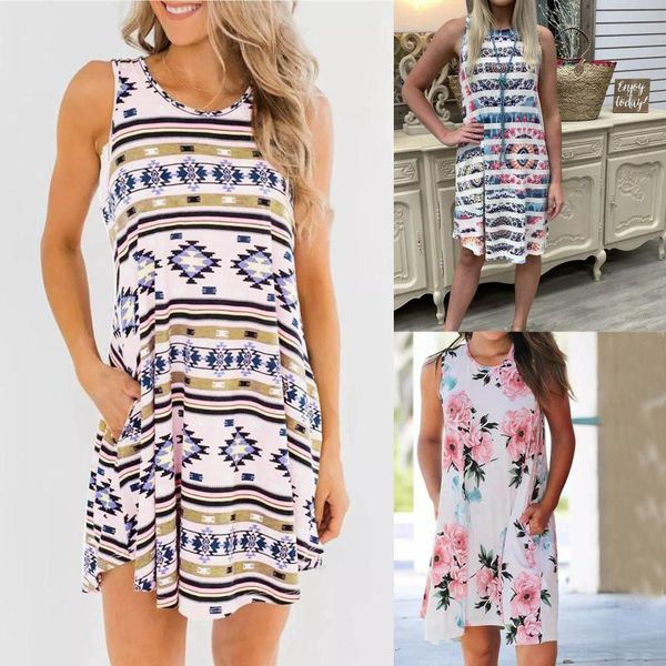 

casual dresses women loose summer dress o-neck sleeveless vest flower print pockets beach a-line mini chic bohemian retro, Black;gray