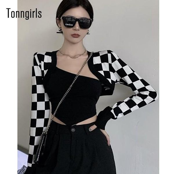 

women's t-shirt tonngirls vintage crop smock checkerboard t shirt women clothes long sleeve cardigan gothic tee femme, White