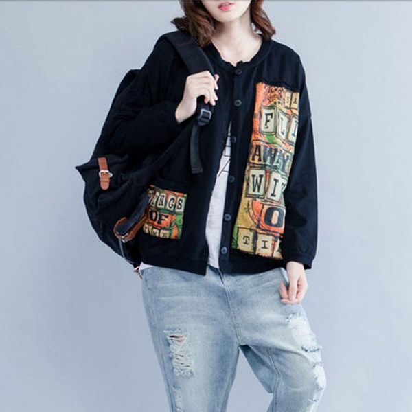

women's jackets 2021 spring arts style women long sleeve loose short coat patchwork print single breasted cotton casual big size m577, Black;brown