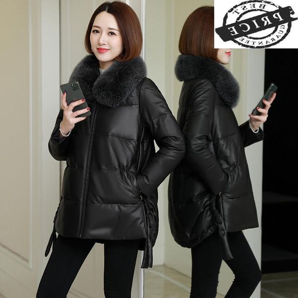 

women's leather & faux 100% genuine jacket women winter real fur collar sheepskin duck down coat female korean jackets 2022, Black