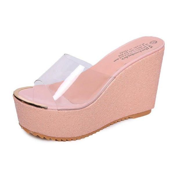 

slippers slipper women 2021 summer fashion platform sequined slope heel shoes rhinestone transparent wedges slides, Black